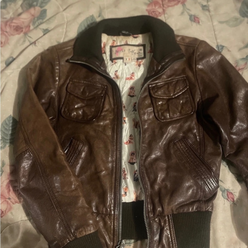 Women’s Brown Leather Bomber Jacket with Rib Knit Trim